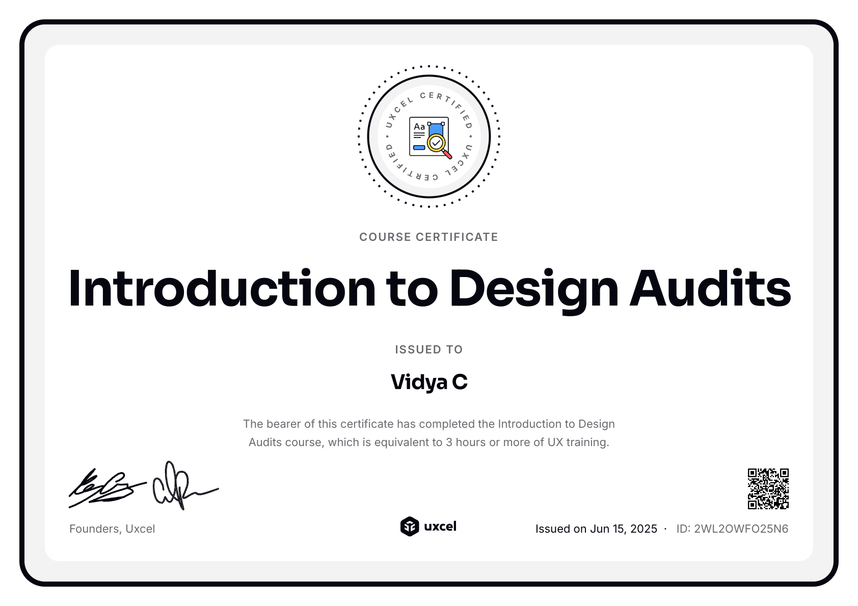 Vidya C's certificate